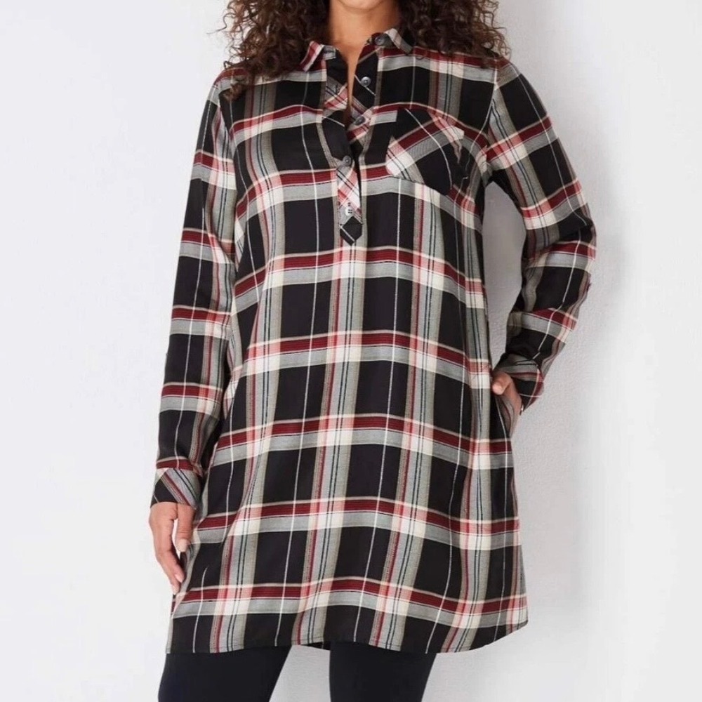 J. Jill Black Red Plaid Flannel Shirt Dress 2X‎ Tab Sleeve Soft Collared Cozy